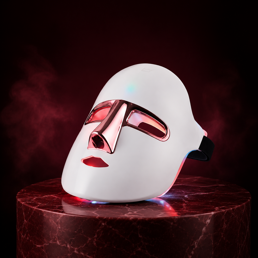 Masque LED Éclatra luminothérapie visage 7 couleurs fond bordeaux